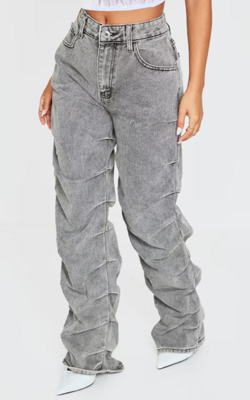 New PrettyLittleThing Grey Ruched Straight Leg Denim Jeans